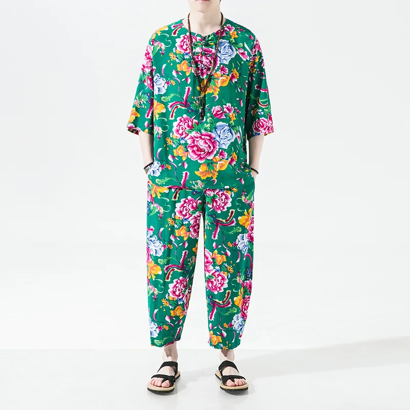 

Chinese Round Neck Floral Print Hand Button Tang Suit For Men Retro Performance Clothing Oriental Style Beachwear Plus Size 5XL