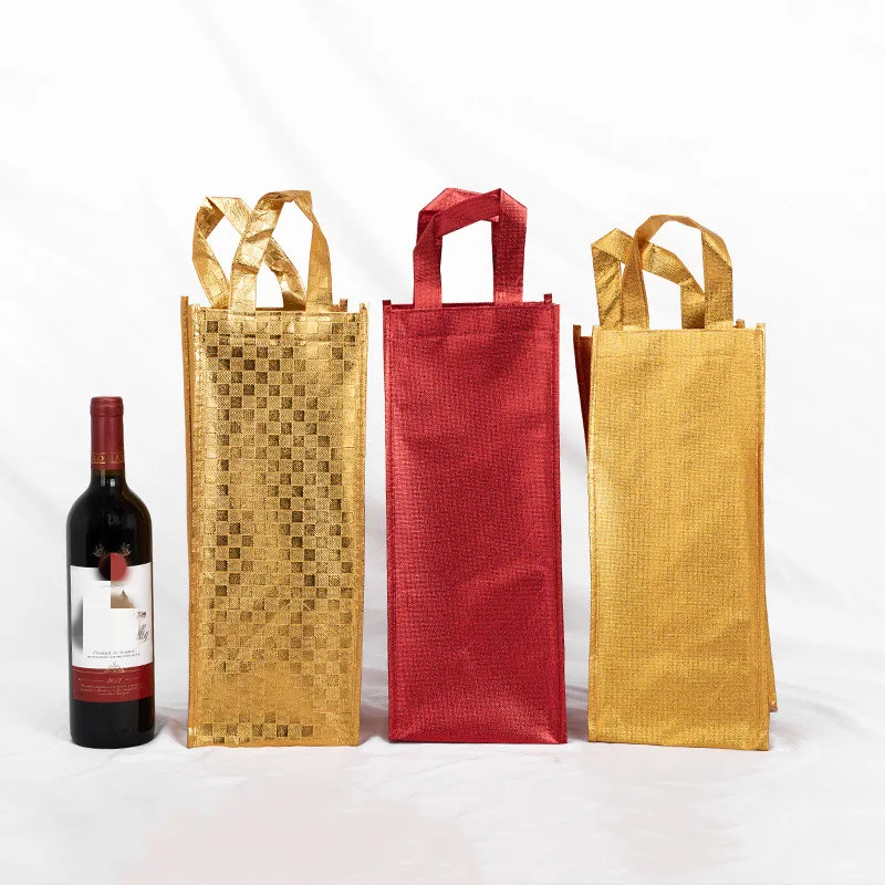 

10PCS Red Gold Checkered Double Single Bottle Red Wine Bag Non-woven Portable Hand Handle Pouches Champagne Drink Beer Gift Bags
