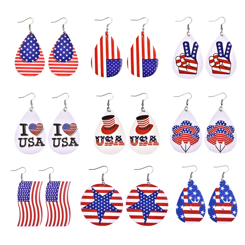 

1PC American Flag Teardrop Leather Earrings for Women PU Leather Stars and Stripes Love Heart Earrings Independence Day Gifts