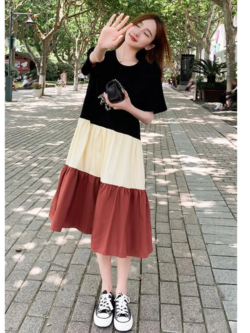 

Korean T-shirt dress stitching contrast color schoolgirl loose large fashionable foreign style medium long over Knee Skirt 8IEM