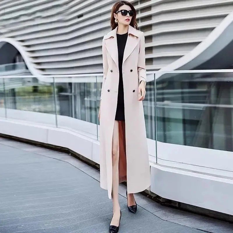 Осеннее пальто 2024 популярный бежевый темпераментный OL облегающий длинный выше
