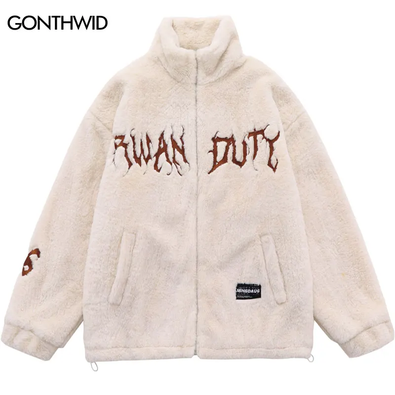 

Зимняя куртка, парка с вышивкой и надписью, искусственный мех, пушистое плюшевое пальто на молнии, уличная одежда, Свободные флисовые толстые теплые куртки в стиле хип-хоп