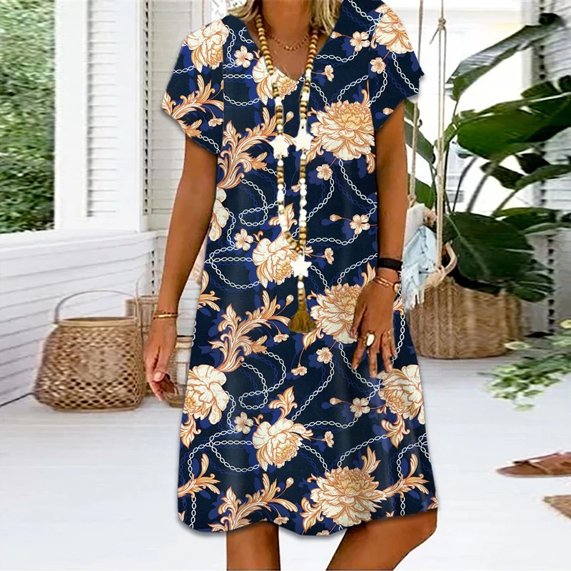 

Женское прямое платье с цветочным принтом, винтажное офисное платье с V-образным вырезом и коротким рукавом, лето 2023