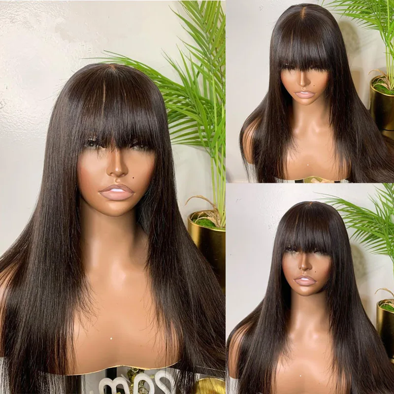 

Natural Black 26Inch Silky Straight Machine Wig With Bangs For Black Women Glueless High Temperature Fiber Cosplay Daily Use Wig