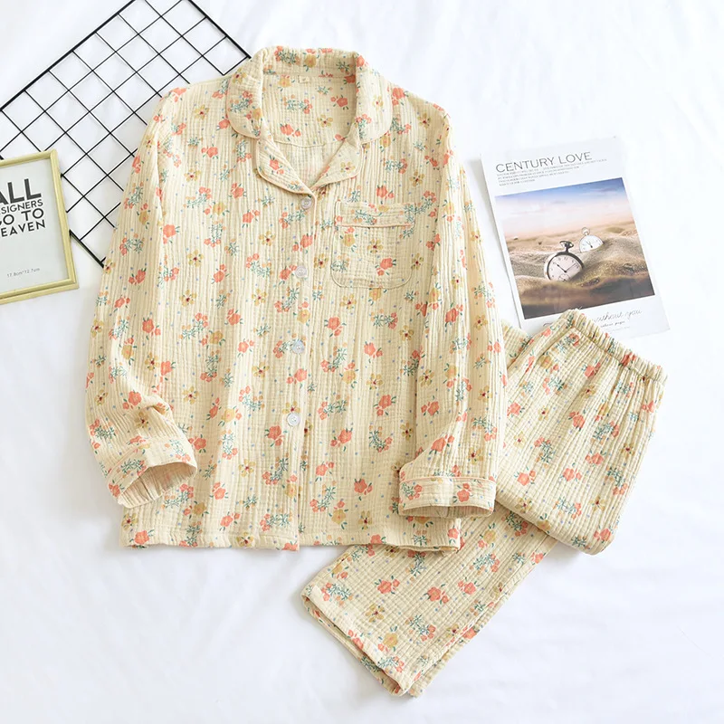 Spring Autumn Floral Print Ladies Pajama Set Crepe Cotton Soft Pyjamas Turm-down Collar Home Suit Women's Pajamas Set For Sleep