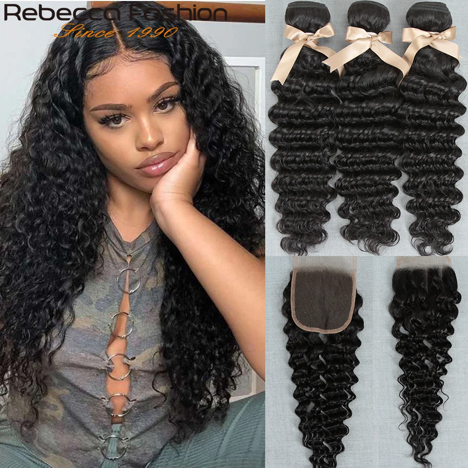 Rebecca Brazilian Deep Wave Hair Bundles With Closure Remy Human Hair 3 Bundles Deep Curly Transparent Lace Closure With Bundles