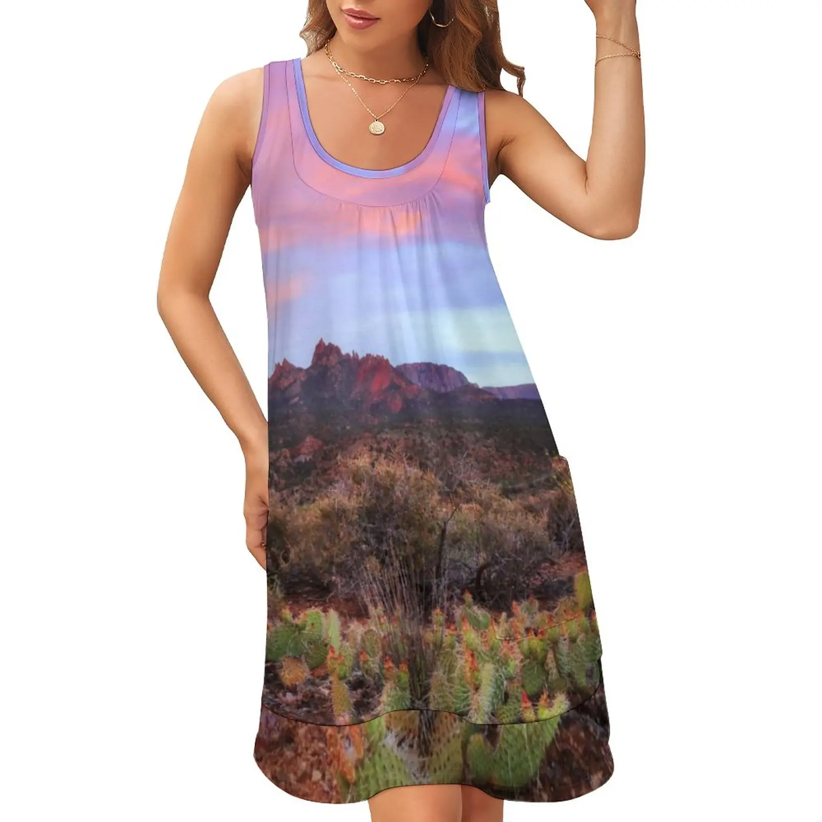 

Desert Sunset Dress Cactus Landscape Korean Fashion Dresses Daily Print Modern Casual Dress Patchwork Vestidos Big Size 2XL 3XL