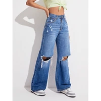 fashion solid hole denim trousers women washed ladies casual ripped blue jeans vintage loose high waist wide leg pants cowgirl