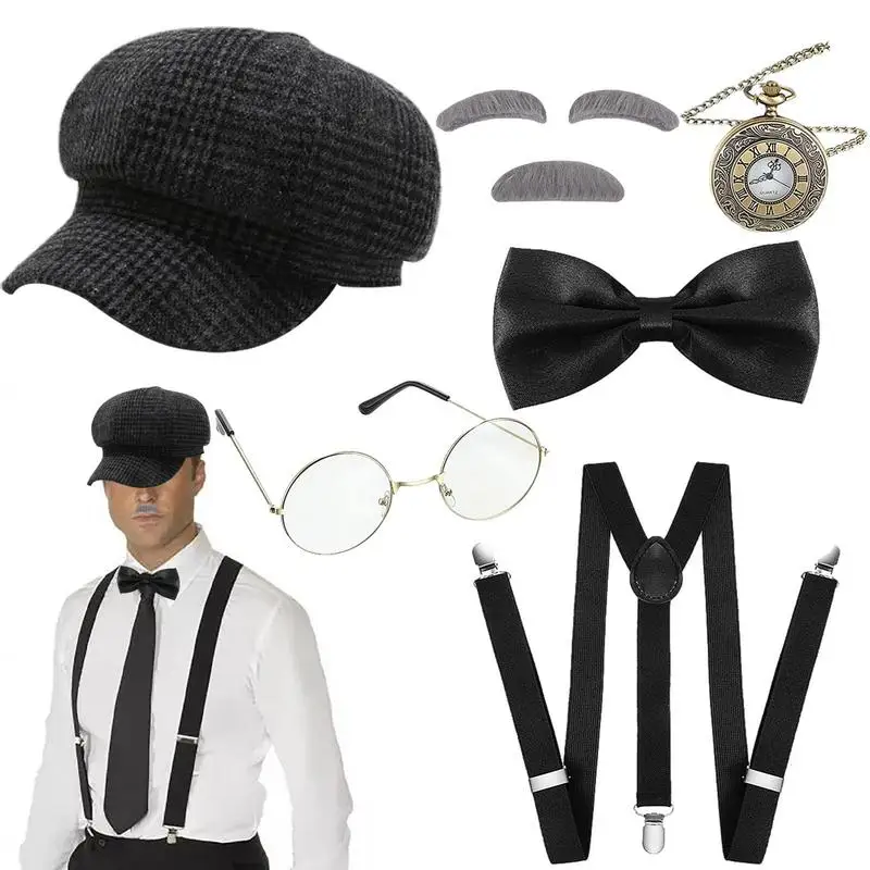 

Men Party Props 1920s Theme Cosplay Stage Performance Gatsby Beret Watch Vintage Tie Costumes Accessories Set Gift For Men