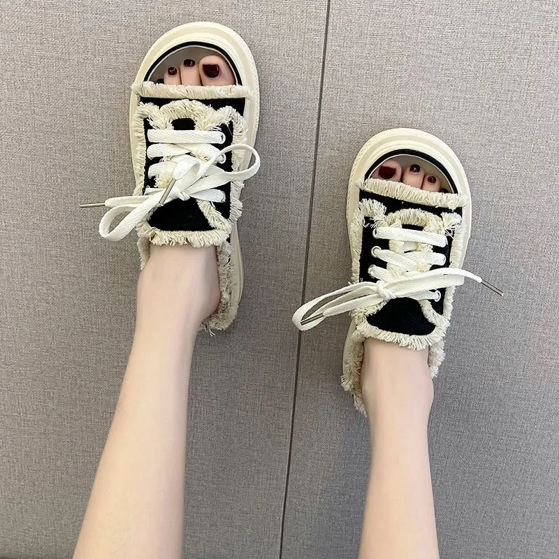 Fashion canvas women's slippers 2022 new summer outer wear fairy style thick bottom lace-up sandals