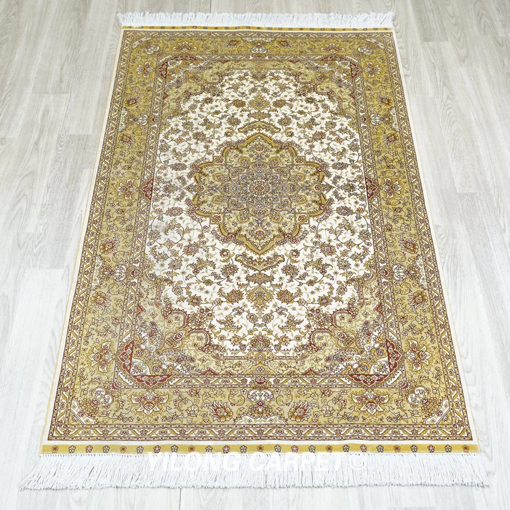 Восточный шелковый ковер ручной работы 3 'x 5' бежевый изысканный Шелковый из