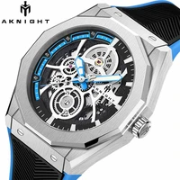 aknight mechanical watches automatic stainless steel skeleton waterproof watches chronograph for men luxury brand sapphire glass