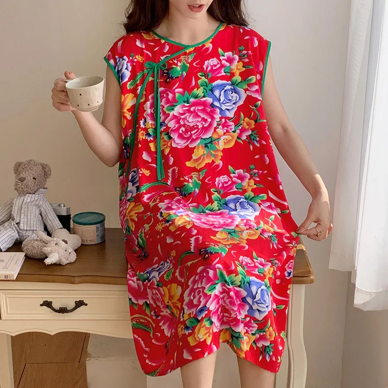 Новое пижамное платье без рукавов в китайском стиле для женщин Крутое летнее