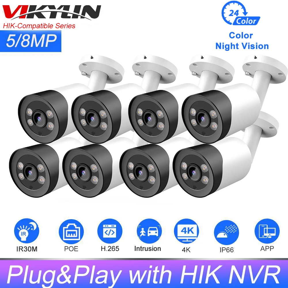 

Vikylin Hikvision Compatible 5mp 8mp Mini Bullet ColorVu IP Camera Built-in Mic Human Vehicle Detection Plug&Play with Hik NVR