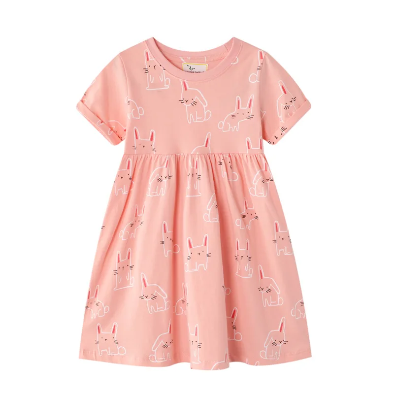 

Summer 2022 New Arrivals Girls Short Sleeve O Neck Print Rabbit Pink Cute Dress Infantil Menina Cute Party Dress Custume 18M-7T