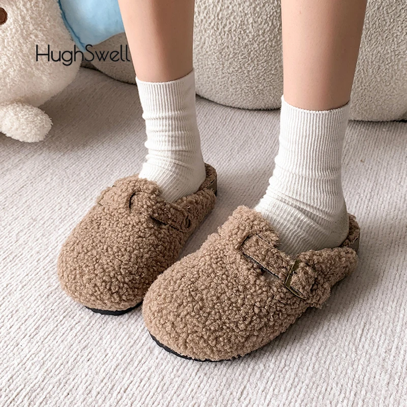 Уютные женские зимние теплые шлепанцы из овечьей шерсти с закрытым носком