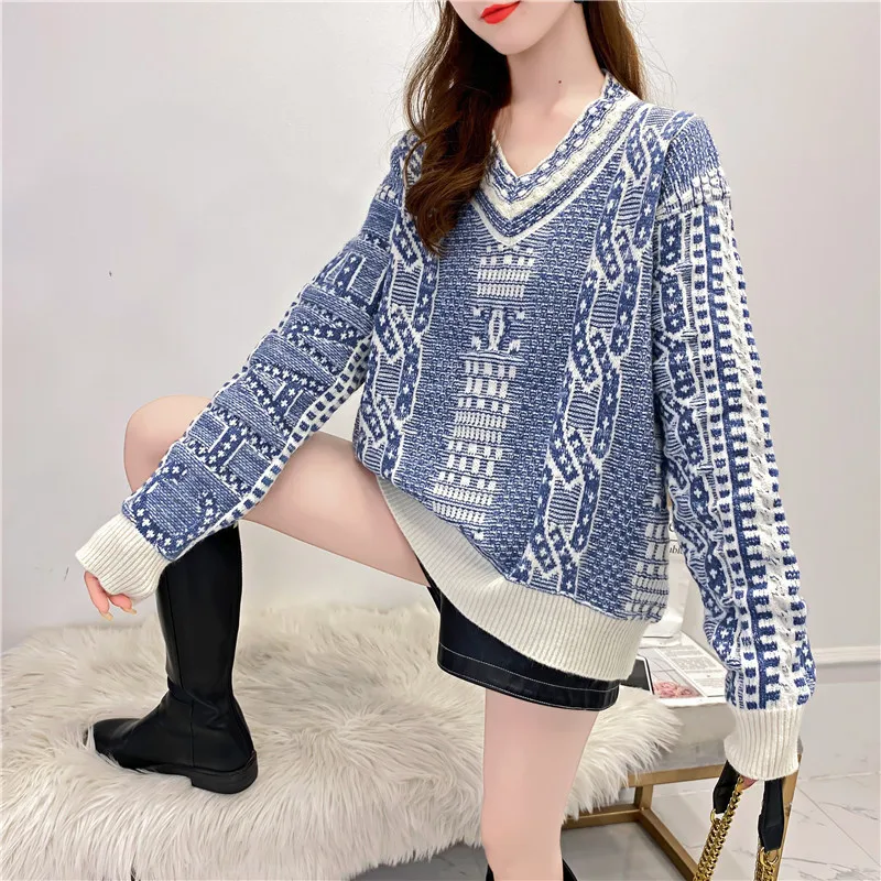 

Spring 2021 Y2k Sweaters Women Vintage Print V-neck Knitted Pullover Jumper Harajuku Korean Fashion Oversized Black Sweater