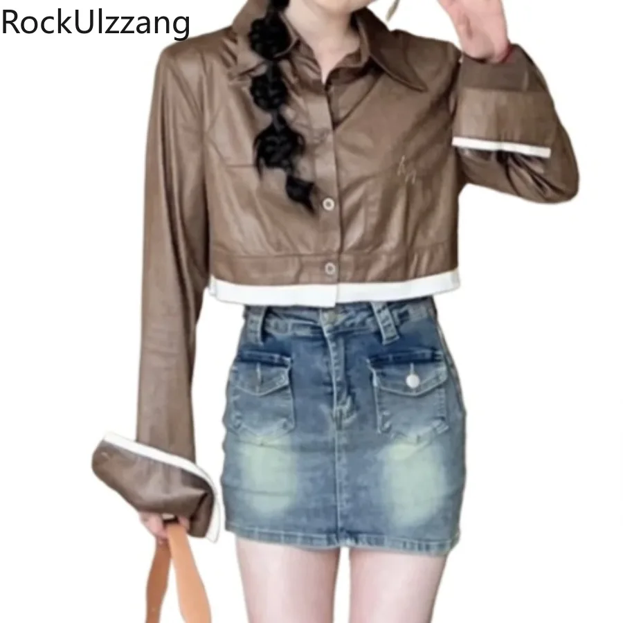 

White Brown Contrast Patchwork Fit Fall Thin PU Leather Short Jacket Women Moto Biker Coats Crop Top Outerwear cropped y2k cloth