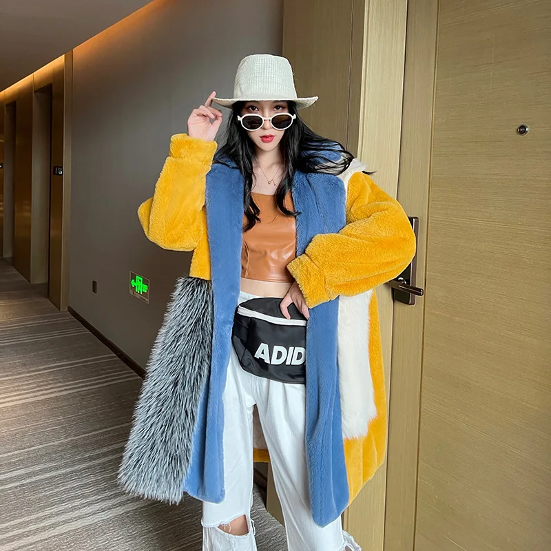 

2022 New Women Winter Faux Fur Coat Thick Color Patch Turn Down Collar Women Long Coat Warm Velvet Coat Casaco Feminino