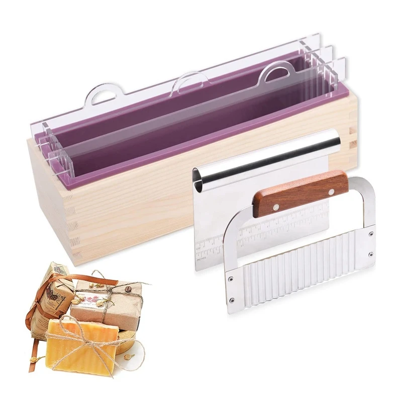 

AT14 Rectangular Loaf Soap Mould With Wood Box And Acrylic Divider Boards, Wavy & Straight Slicer For DIY Swirl Making