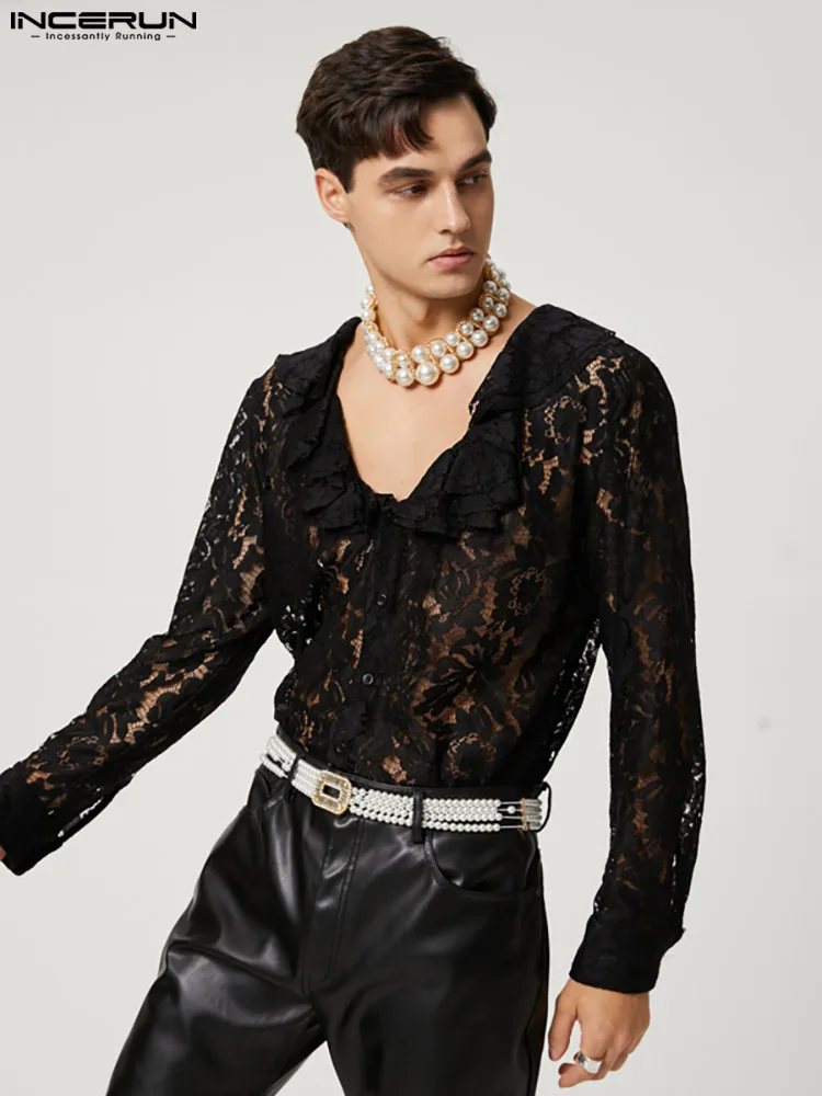 

INCERUN Men Shirt Solid Lace V Neck Long Sleeve Button Streetwear Ruffle Transparent Men Clothing 2022 Fashion Camisas S-5XL