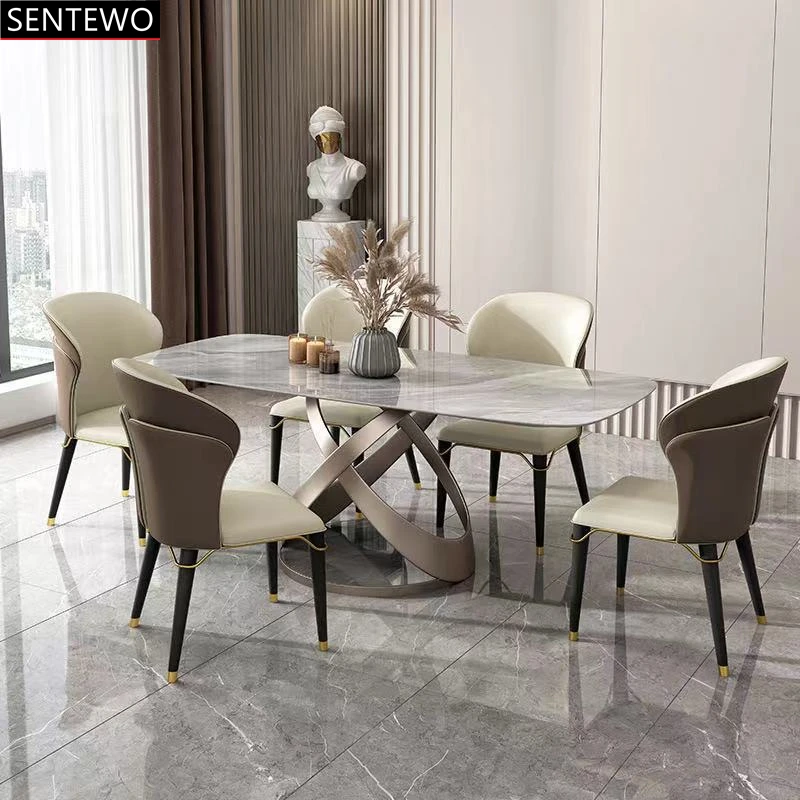 

SENTEWO Luxury Rock Slab Dining Table Chairs Set Stainless Steel Rose Gold Frame Faux Marble Tables Furniture Comedores Silla