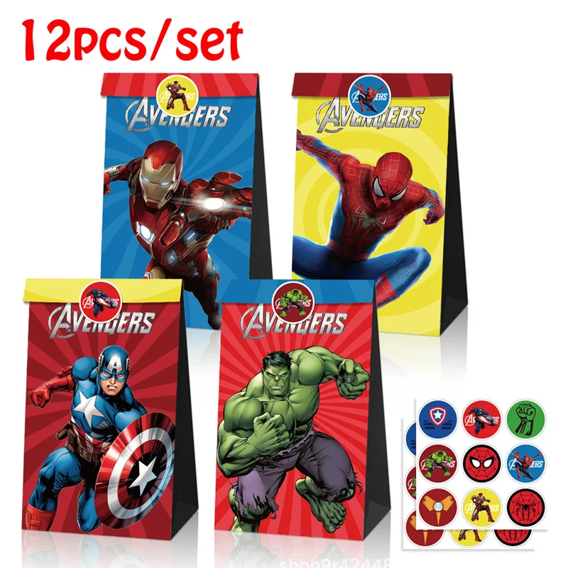 

12pcs/set Marvel Spiderman Gift Bag Superhero Party Supplies Candy Packing Bag Avengers Theme Series Anime Figure Paper Bags