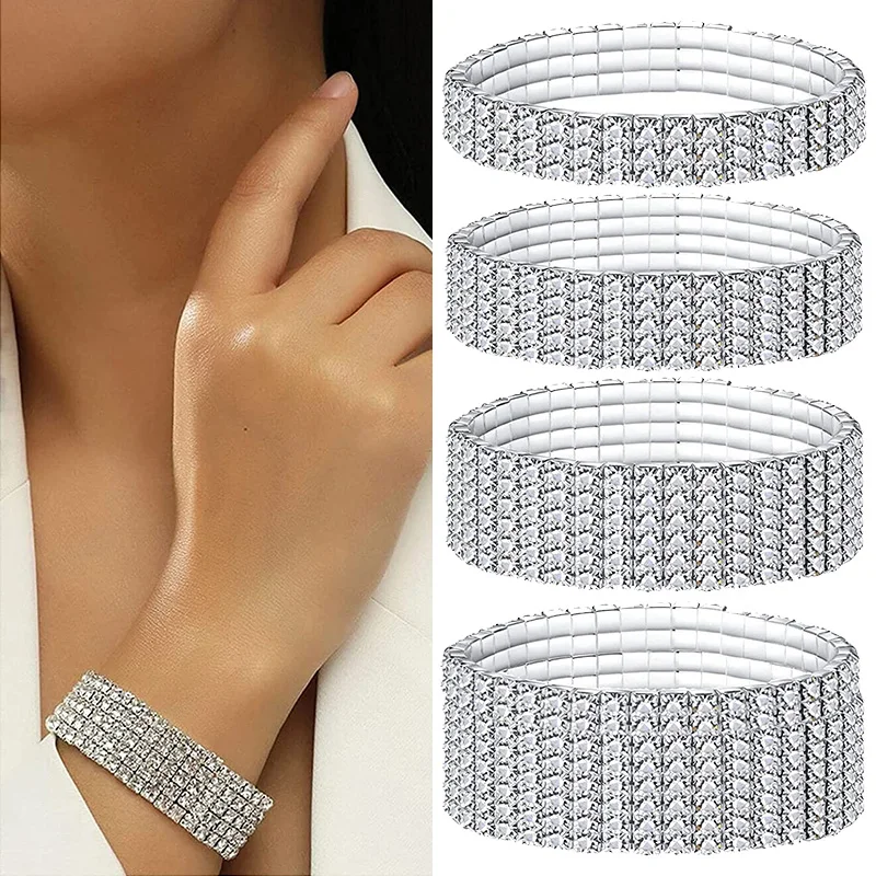 

4/5/8 Rows Fashion Crystal Stretch Rhinestone Shine Bracelets For Women Couple Girlsfriend Bangles Wristband Wedding Bridal Gift