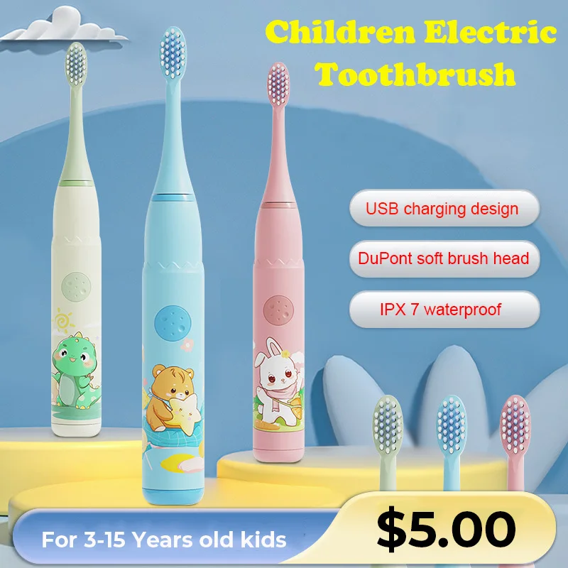 

Children's Electric Toothbrush Colorful Cartoon For Kids Rechargeable IPX7 Waterproof With Replacement Heads Deep Cleaning Brush