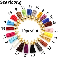 10pcslot multicolor mixed suede tassel for keychain cellphone straps charms 38mm full leather tassels gold color caps randomly