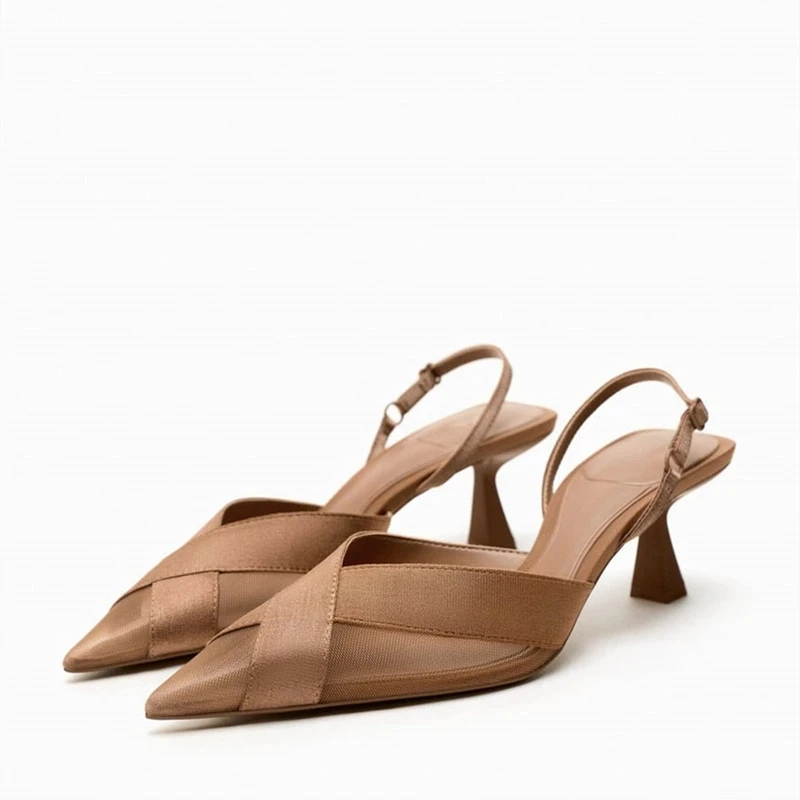 

TRAF 2023 Summer Mesh Heeled Pumps For Women Pointed Toe Office Lady Heels Elegant Female Stilettos Shoes Sexy Slingback Pumps