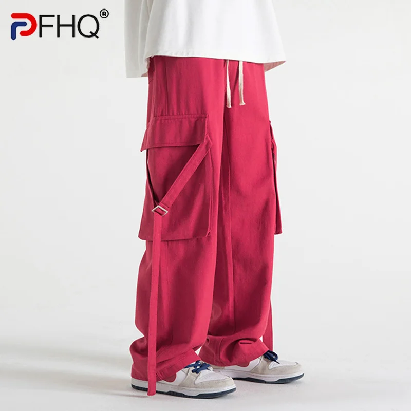 

Весна 2023, мужские свободные прямые повседневные брюки PFHQ с множеством карманов и ремешком, модные японские стильные мешковатые мужские брю...
