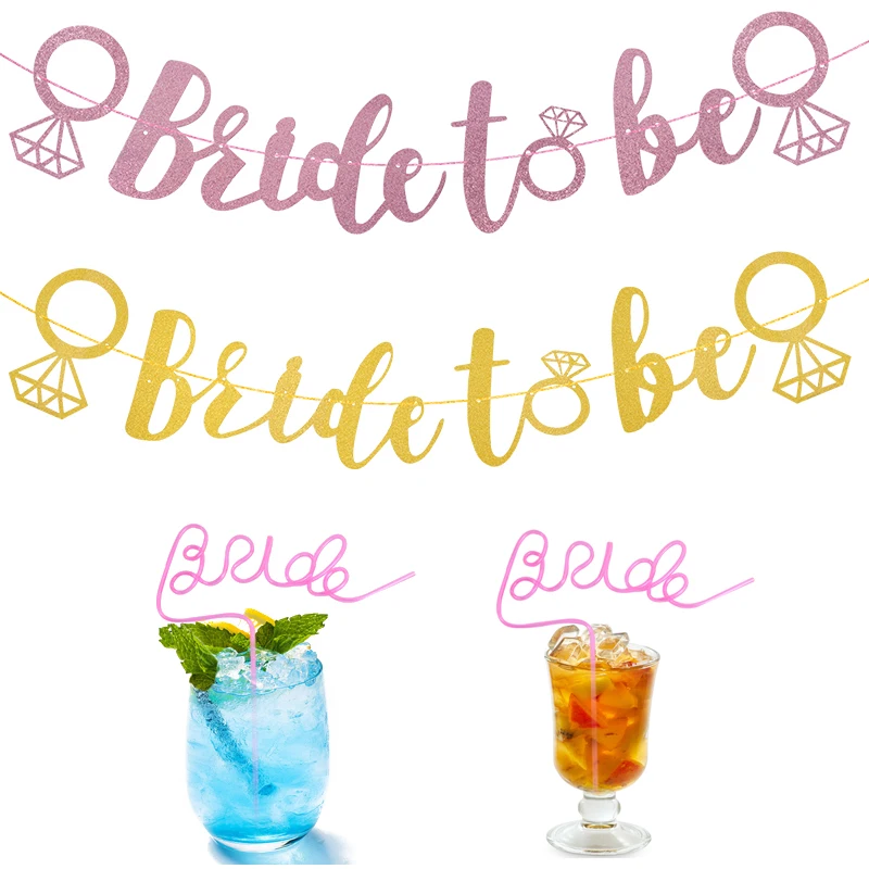 

1 Set Bride To Be Banner Silver Rose Gold Straws Garlands Bunting for Bridal Shower Engagement Party Supplies Wedding Decor Flag