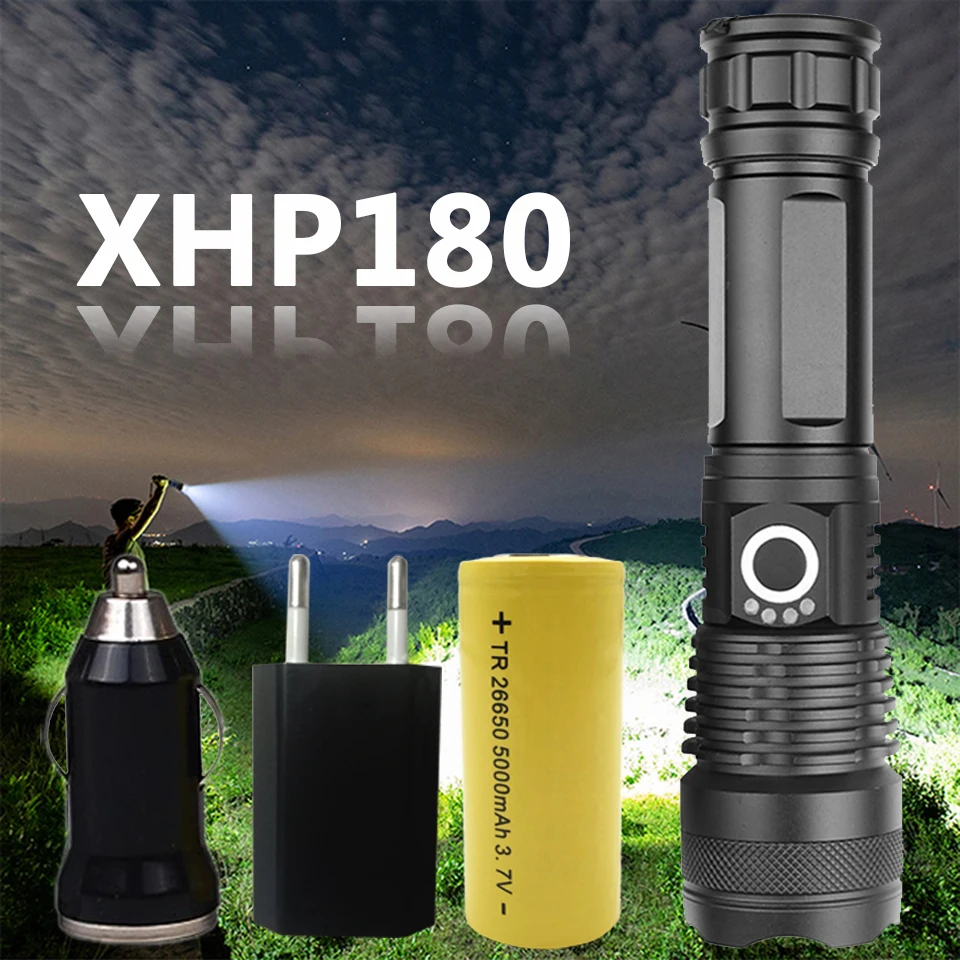 

Мощная светодиодная вспышка XHP180 с 9 ядрами, Usb-зарядка, 18650, 26650 аккумулятор, масштабируемый алюминиевый светильник онарь