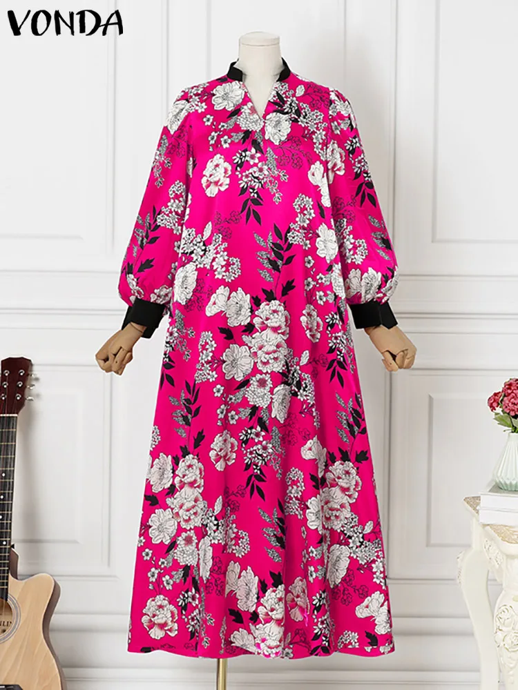 5XL Plus Size Women 2023 Summer Floral Printed Party Dress VONDA V Neck Long Sleeve Maxi Vestidos Casual Sundress Robe