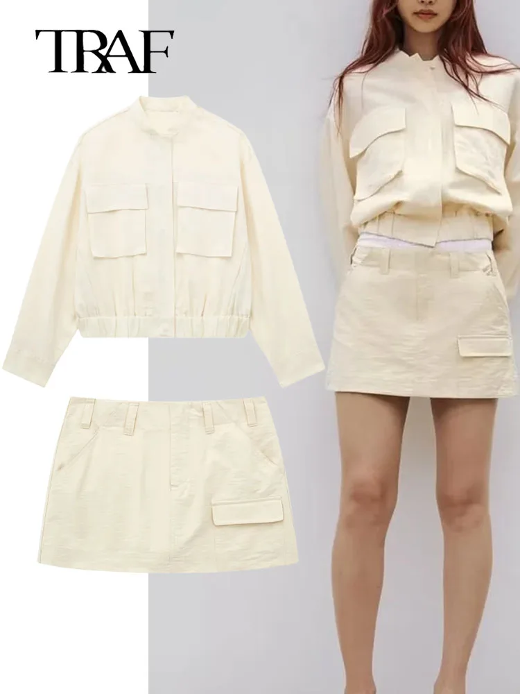 

TRAF Summer Women Solid Jacket Pantskirt Sets 2023 New Daily Commuting Style Female Half High Collar Pocket Coat+A-Line Culotte