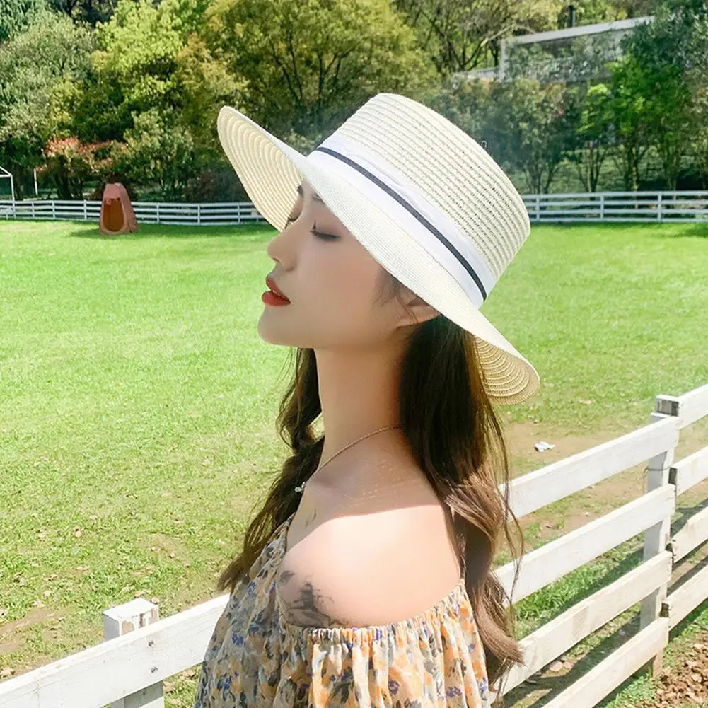 Шляпа женская Соломенная с плоскими полями Панама Пляжная шапка в стиле кэжуал