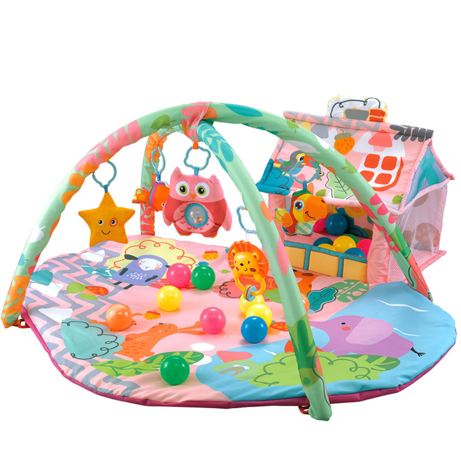 

Jumbo Kid Activity Gym Small House Fitness Mat With 5 Detachable Toys Skin-Friendly Early Development Playmats With 5 Detachable