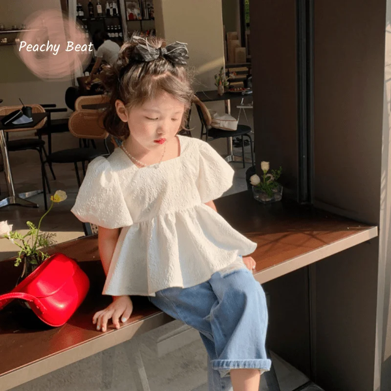 

Модная хлопковая футболка принцессы для маленьких девочек, летняя рубашка для малышей, детская одежда с короткими рукавами-фонариками и бантом на спине