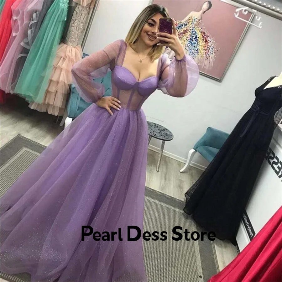 

Сиреневое фиолетовое платье женское Тюлевое платье для выпускного вечера с длинным рукавом сердечком вечернее платье до пола женское официальное платье