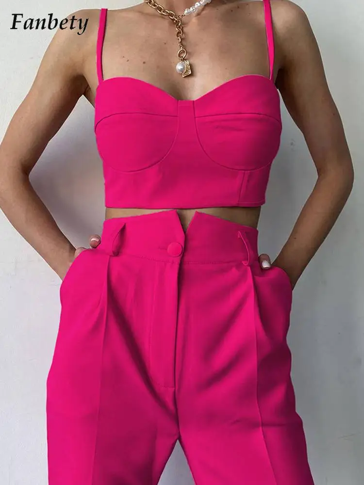 

Fashion Solid Pocket Trousers Two Piece Set Women Casual Crop Tops Camisole+Solid High Waist Pants Suit Lady Sexy Button Outfits