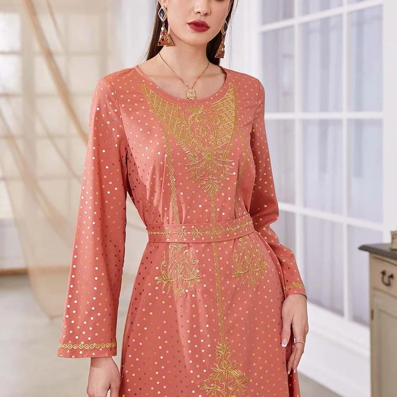 2022 New Arabian Robe Long Sleeves Orange Dot Foil Print Embroidery Lace Up Maxi Dress Middle East Satin Kaftan Jellaba Moroccan