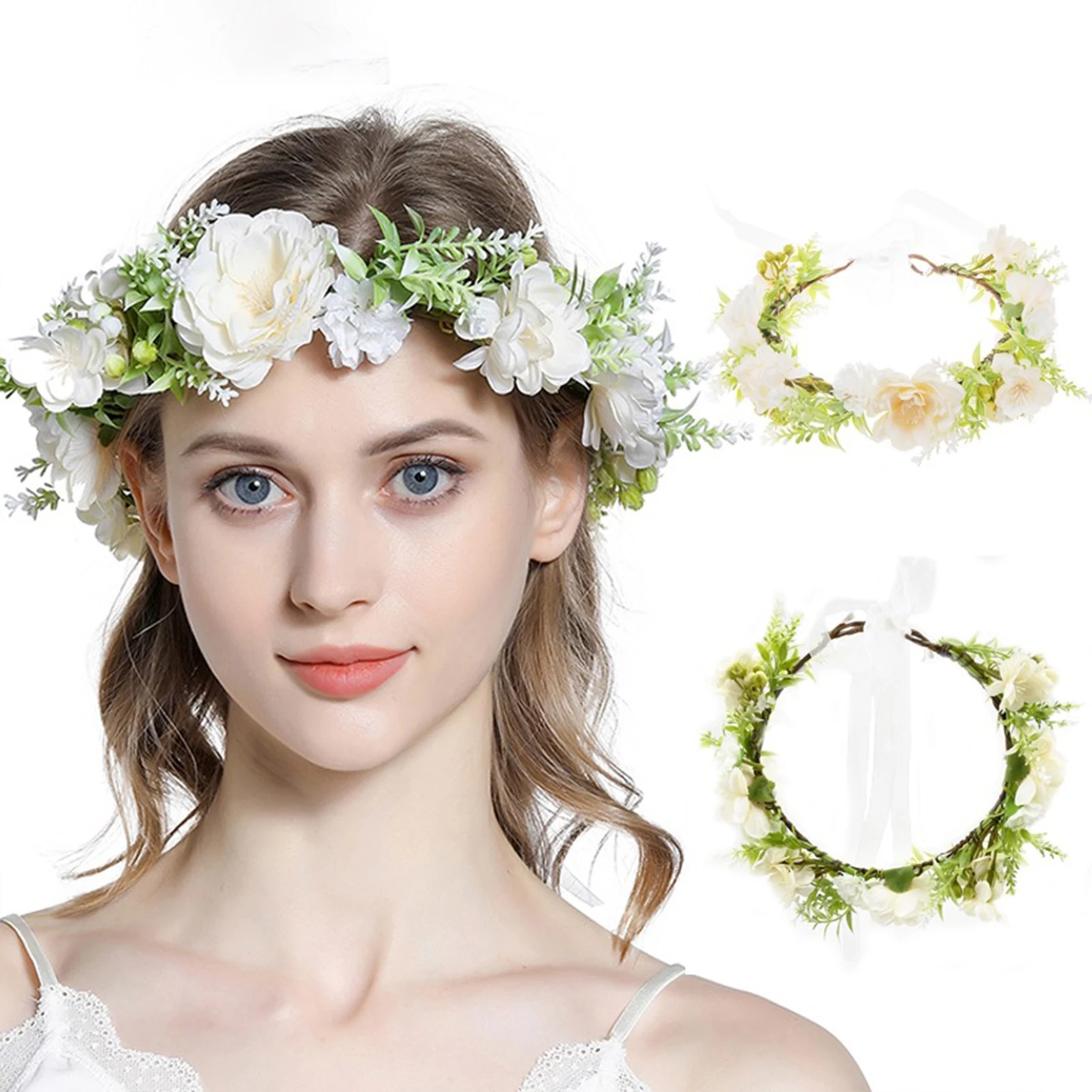 

Boho Style White Flower Wreath Crown Ribbon Headbands Korean Fashion Floral Hairbands Headdress for Women Party Hair Accessories