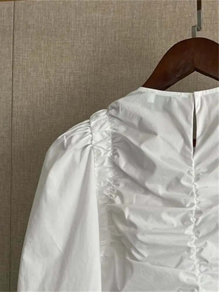 

Women's Pleated White Shirt Long Lantern Sleeve Spring 2023 O-neck Chemise Female Cotton Blouse Tops