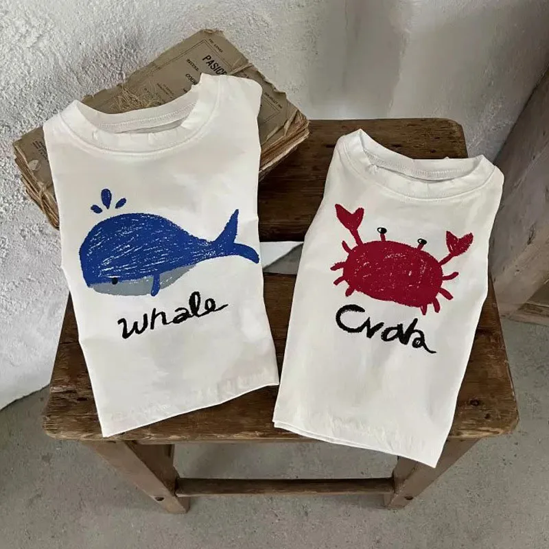 

HAYANA 2022 New Kids Tops Printed Crab Whale T-Shirt Girls Tops Cotton Children Clothes 1-5Y