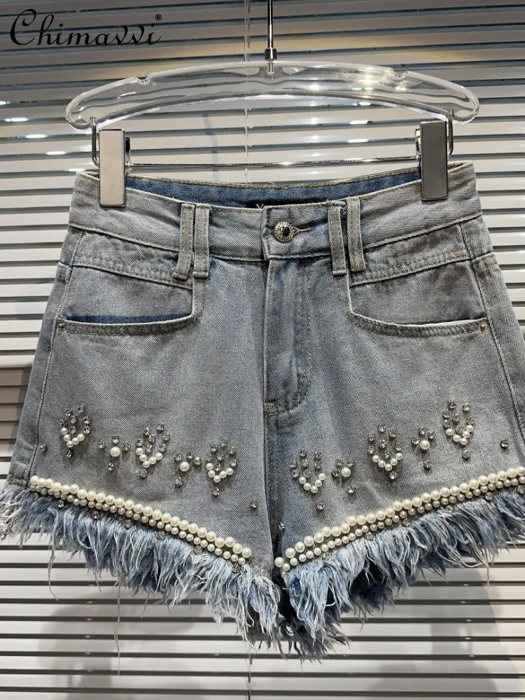 Booty Shorts Female High Waisted Denim Shorts 2023 Summer New Pearl Beaded Raw Edge Distressed Hot Girl Denim Shorts for Women