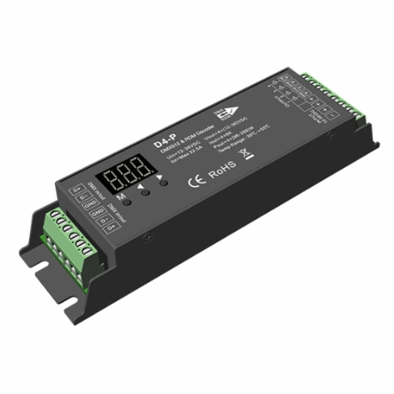 D4-P 4 Channel PWM Constant Voltage DMX &ampRDM LED Decoder Controller Digital Display XLR3 RJ45 Port DC12-36V Input 8Ax4ch Black