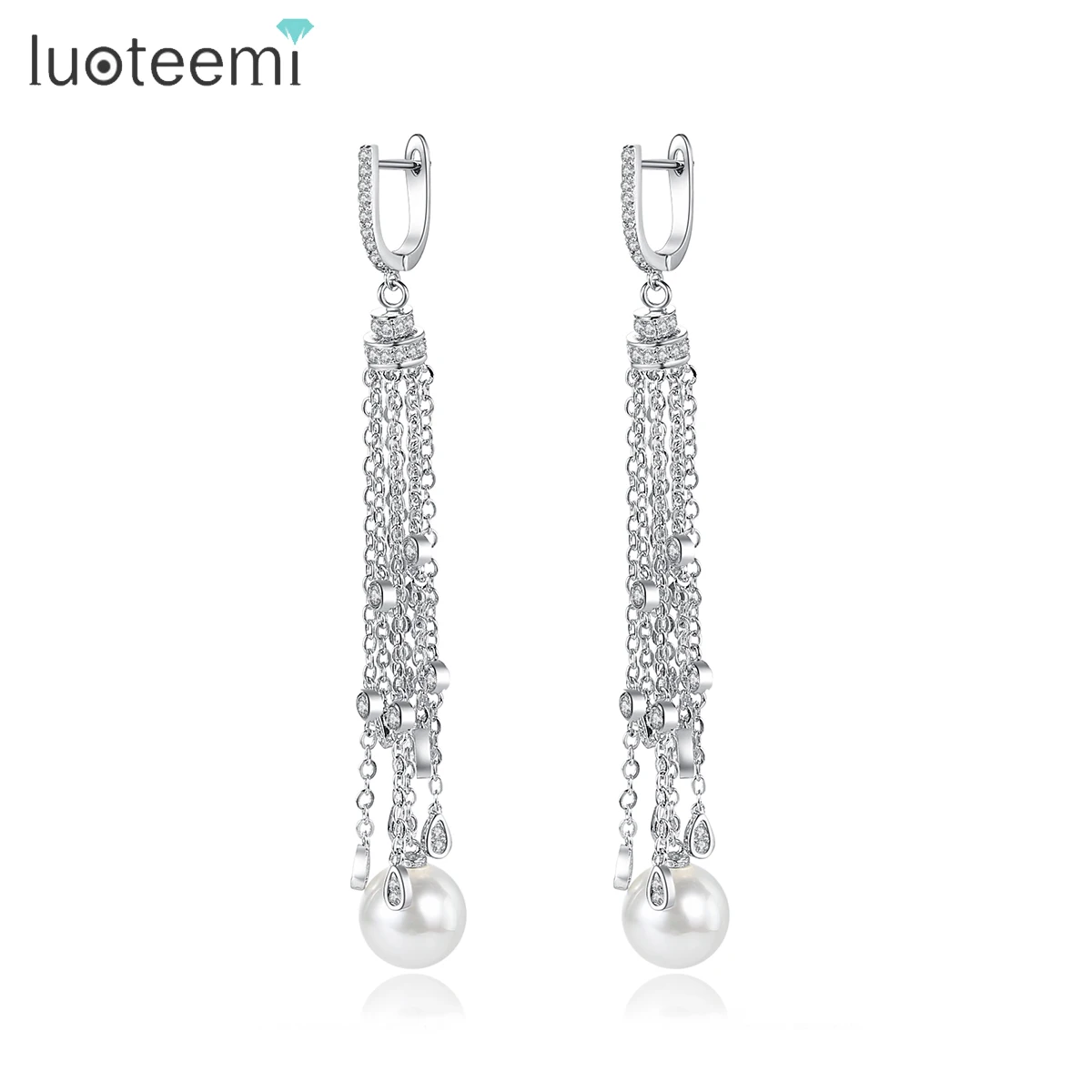 LUOTEEMI Crystal Shell Pearl Long Tassel Drop Earrings Brincos Grandes Silver Color Trendy Jewelry for Women Statement Jewelry
