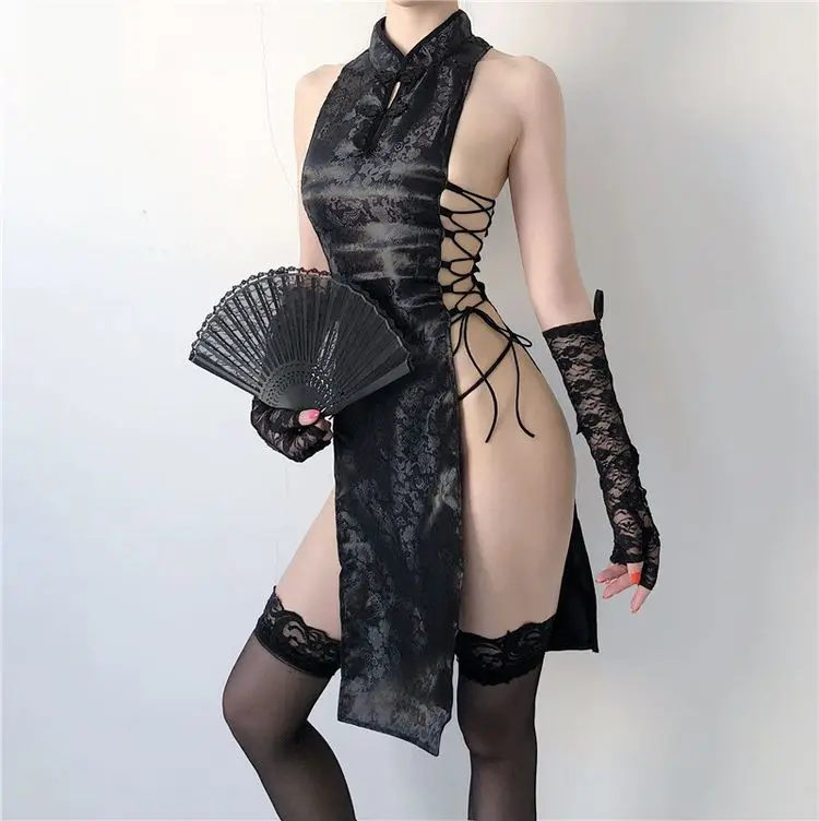 

Китайское женское пикантное нижнее белье Qipao, Бандажное мини-платье с высоким разрезом, униформа Ципао, традиционные костюмы для женского платья