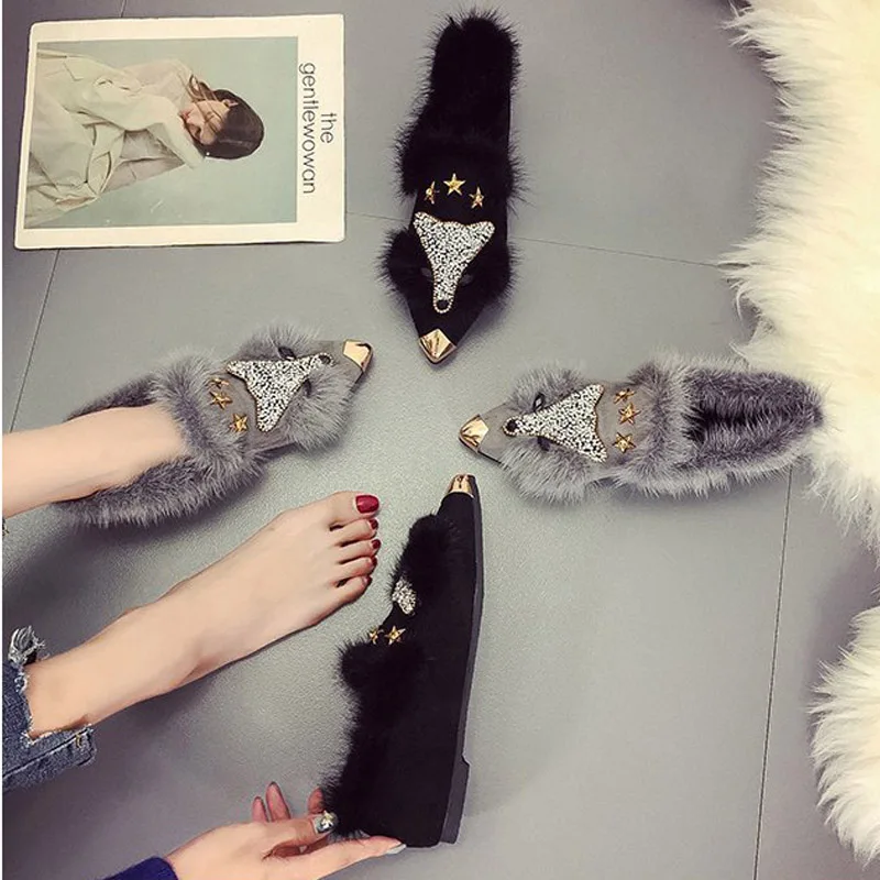 Crystal Fox Pattern Women Loafers Fashion Metal Pointed Toe Fluffy Plush Moccasins Winter Ladies Party Shoes Ballet Flats Shoes